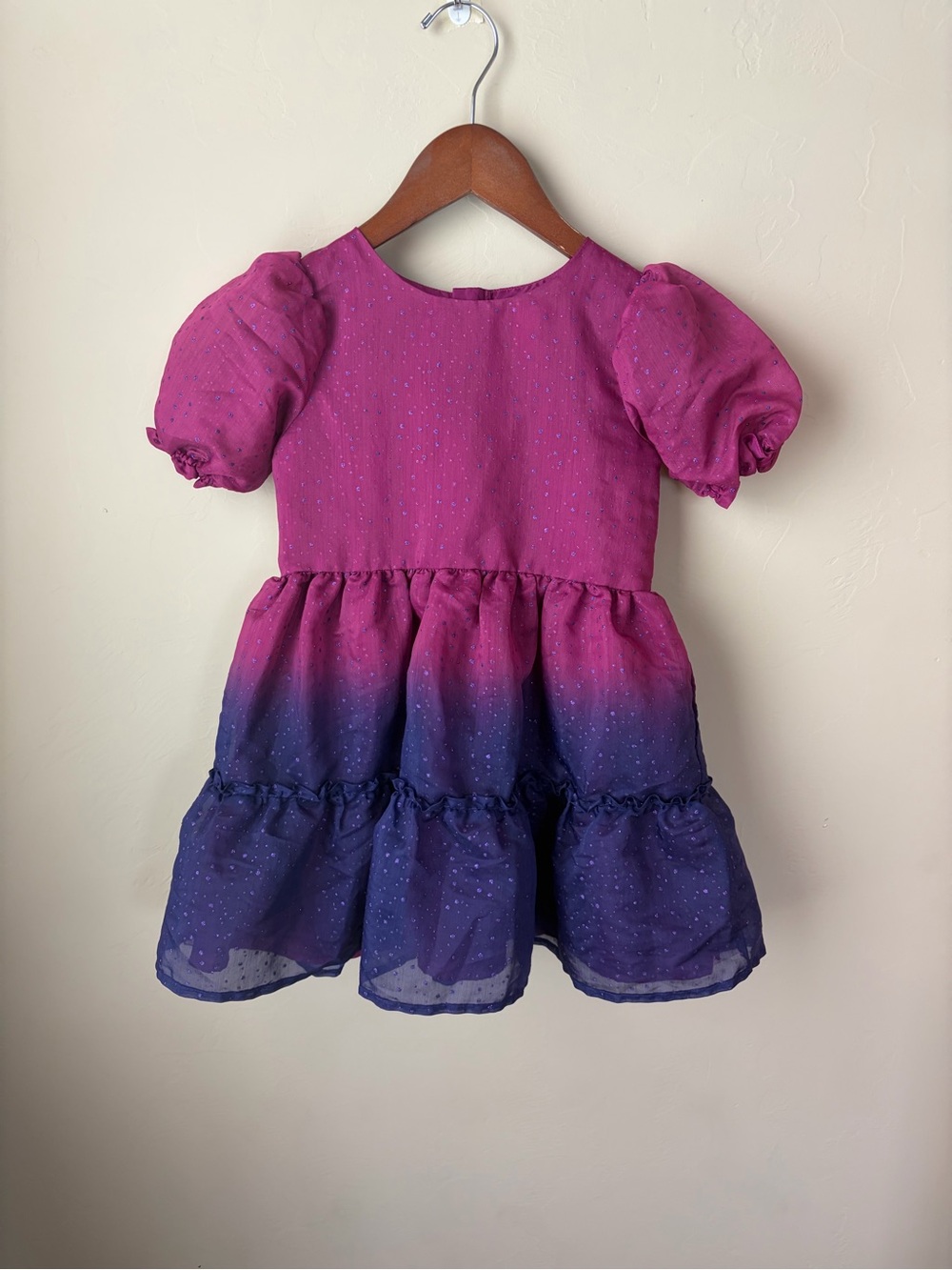 Cat & Jack Girls XS 4/5 Ombre Pink Purple Tiered Puff Sleeve Dress Party Sparkle